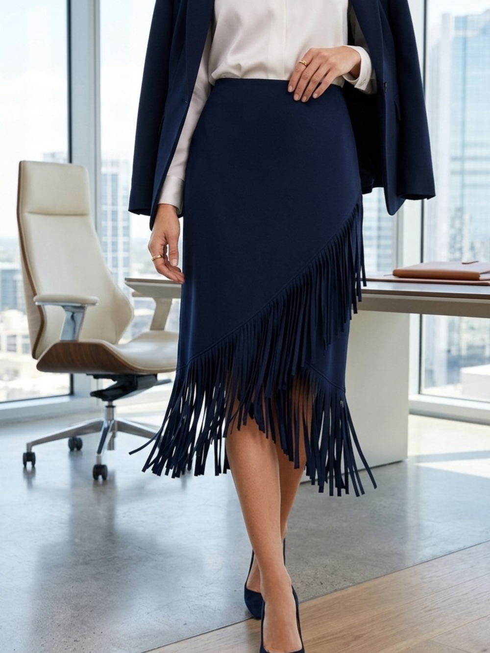 Chico's Navy Blue Faux-Wrap Fringe Skirt – Size 0 (XS/S)